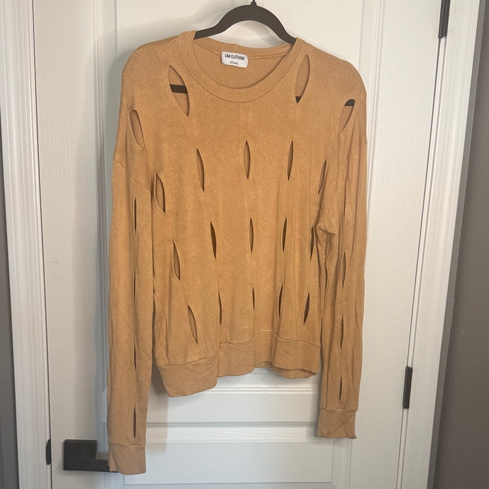 LNA Mustard-Tan Distressed Cutout Crewneck Sweater